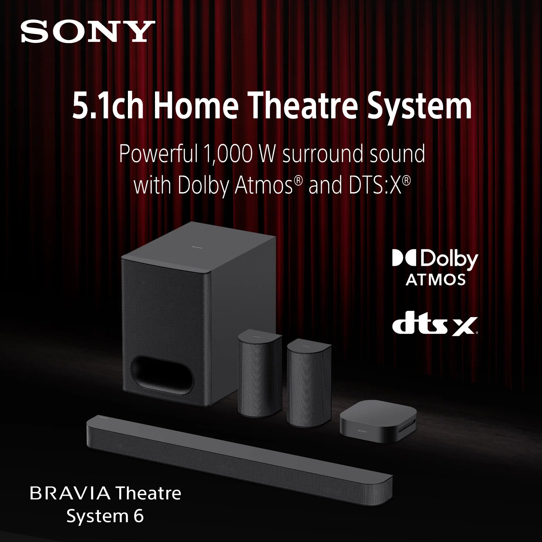 HT-S60 | BRAVIA Theatre System 6 | 5.1ch Home Theatre System | 1000 W total power output | Dolby Atmos®/DTS:X®